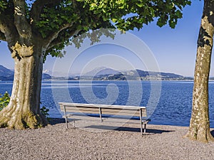 Empty bench on the Lake of Zug Switzerland