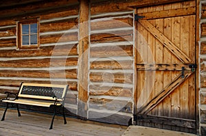 Empty Bench Log Cabin Door window