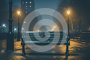 an empty bench in the middle of a city street at night