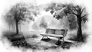 Empty bench in misty park.