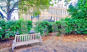 Empty bench near Westminster, London park photo
