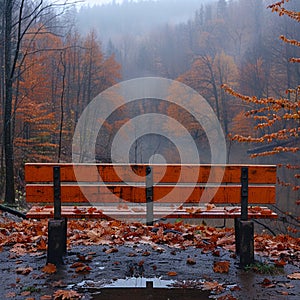 Empty bench overlooking misty vibrant forest during autumn