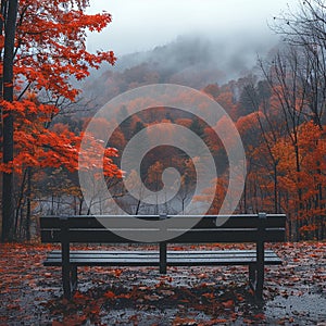 Empty bench overlooking misty vibrant forest during autumn