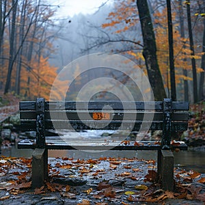 Empty bench overlooking misty vibrant forest during autumn