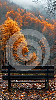 Empty bench overlooking misty vibrant forest during autumn