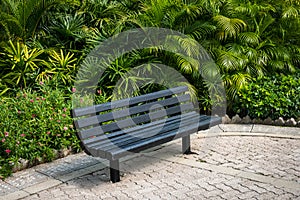 Empty bench in park - wooden bench in tropical garden