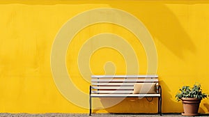 An empty bench for relaxing near the yellow house