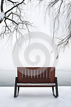 Empty bench in the snow, West Lake, Hangzhou
