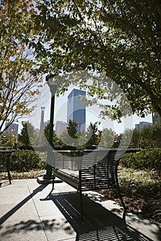 Empty bench in urban park