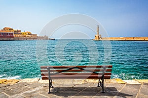 Empty bench with view on the venitian habor of Chania in Crete Grece