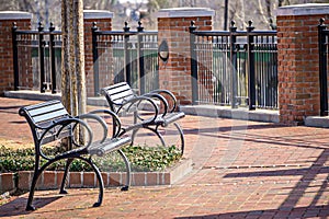 Empty benches in a city park in spring