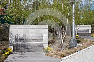 Empty Benches at Hunters Point South Park during Spring in Long Island City Queens