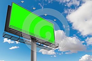 Empty billboard with chroma key green screen, on blue sky with c