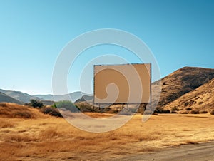 An empty billboard in the middle of a desert. Generative AI image.