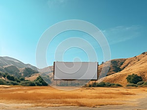 An empty billboard in the middle of a field. Generative AI image.