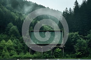 An empty billboard in the middle of a forest. Generative AI image.