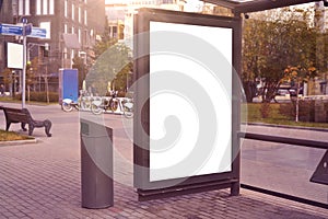 Empty billboard placeholder on the Moscow city bus stop, information banner template, space for mockup layout.