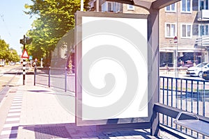 Empty billboard placeholder template on the city bus stop, mockup of a blank white advertising.