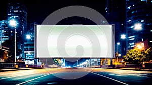 Empty billboard on the side of the road at night with city in the background. Generative AI