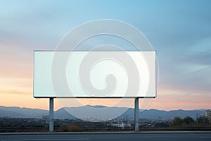 Empty billboard stands by a highway near a bustling city, AI-generated.