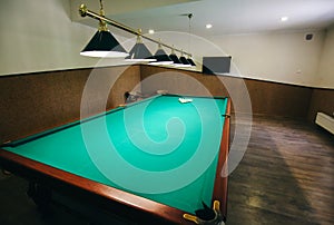 Empty billiard table with lamps above it. Sports and indoor games free time concept