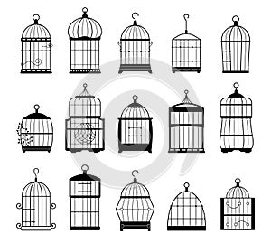 Empty bird cage silhouettes. Cute bird house for different types of birds, decorative metal cage for domestic canary symbol.