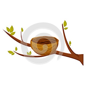 Empty bird nest from twigs on tree branch with leaves isolated on white background. Spring time, vector clipart, brown wooden