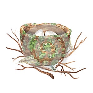 Empty birds nest side view. Watercolor illustration. Round thatched hummingbird house. Isolated on a white background