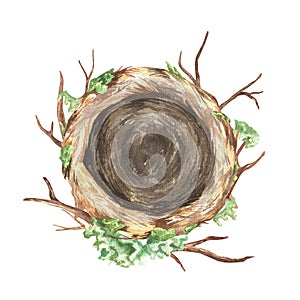 Empty birds nest top view. Watercolor illustration. Round thatched hummingbird house. Isolated on a white background