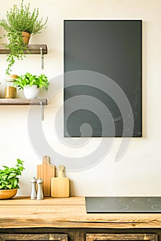 Empty black board on the wall of a kitchen above a stove, various aromatic herbs on the shelves. Use as a mock-up or template
