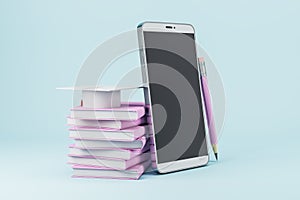 Empty black cellphone with book stack and graduation cap on light background. Online education and training concept. Mock up, 3D