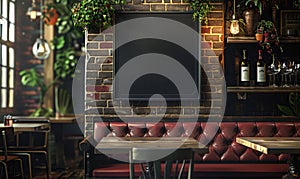 Empty black chalkboard on a wooden table in a pub or restaurant