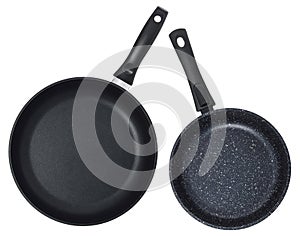 Empty black frying pan isolated on white background. Set of two pans