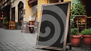 Empty black menu board mockup near restaurant or cafe entrance. Cafe menu on the street, advertising black mockup.