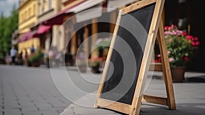 Empty black menu board mockup near restaurant or cafe entrance. Cafe menu on the street, advertising black mockup.