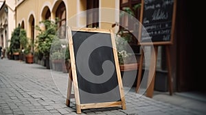 Empty black menu board mockup near restaurant or cafe entrance. Cafe menu on the street, advertising black mockup.