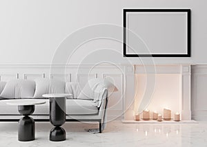 Empty black picture frame on white wall in modern living room. Mock up interior in classic style. Free space, copy space