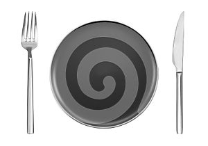 Empty black plate with fork and knife on white background, top view