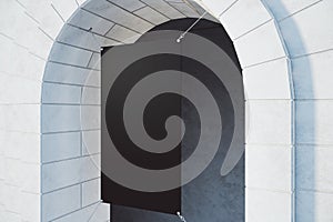 Empty black rectangular frame hanging on  building facade arch. Advertisement, commercial and shop concept. 3D Rendering