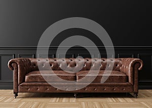 Empty black wall in modern living room. Mock up interior in classic style. Free space, copy space for your picture, text