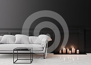 Empty black wall in modern living room. Mock up interior in classic style. Free space, copy space for your picture, text