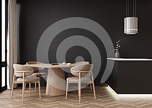 Empty black wall in modern living room. Mock up interior in contemporary style. Free, copy space for your picture, text