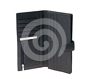 Empty black wallet isolated on white background