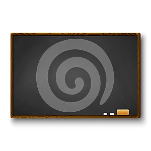 Empty blackboard with wooden frame and piece of chalk and eraser. Template of chalkboard for banner. Vector