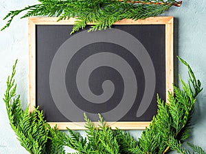 Empty blackboard in wooden frame for text, winter green branches