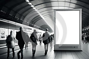 An empty blank billboard or advertising poster in a train station with blurred people. Generative ai