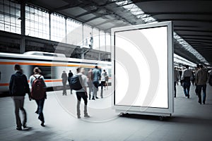 An empty blank billboard or advertising poster in a train station with blurred people. Generative ai