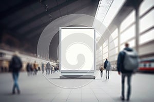 An empty blank billboard or advertising poster in a train station with blurred people. Generative ai