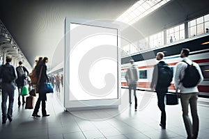 An empty blank billboard or advertising poster in a train station with blurred people. Generative ai