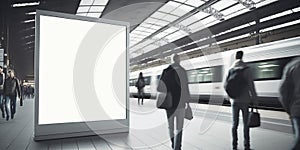 An empty blank billboard or advertising poster in a train station with blurred people. Generative ai